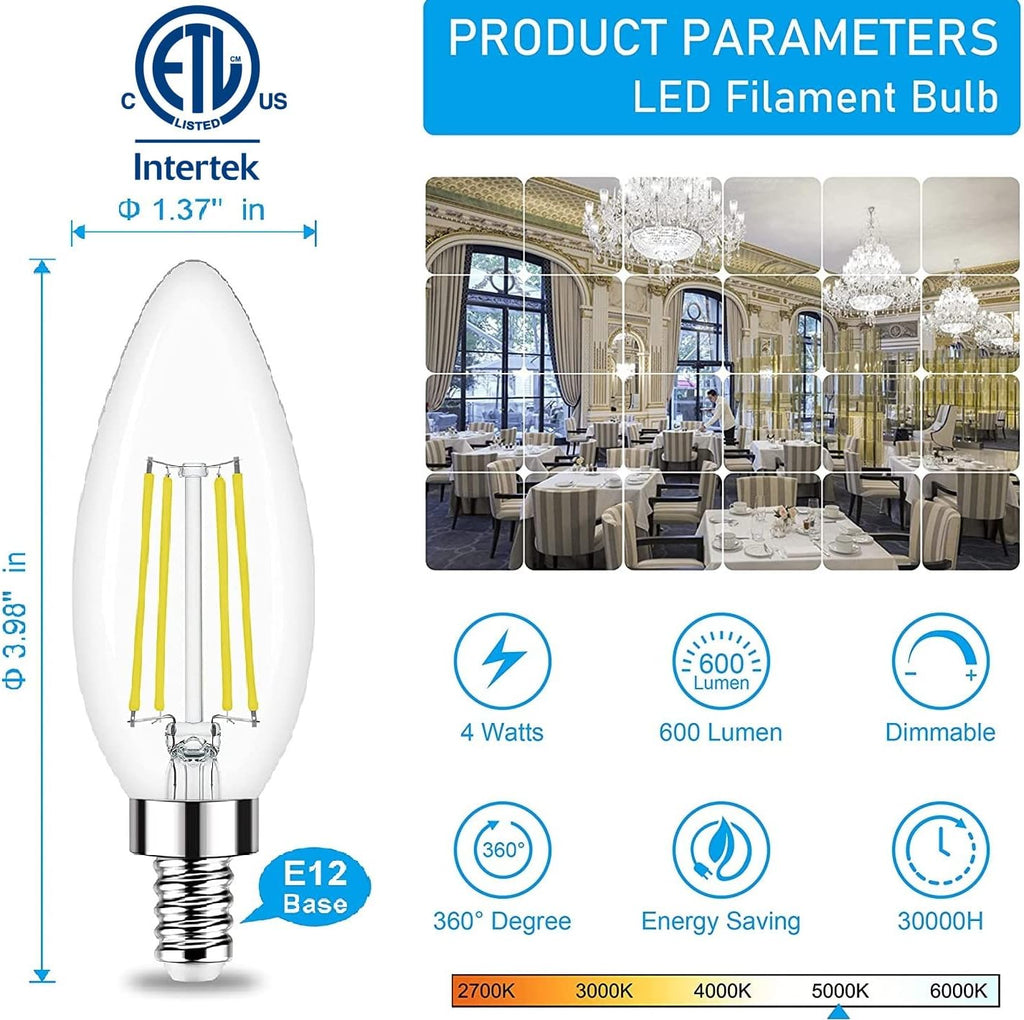 Candelabra LED Bulb, E12 Small Light Bulbs 5000K Daylight Dimmable - 60W Equivalent Ceiling Fan Bulbs Type B Edison