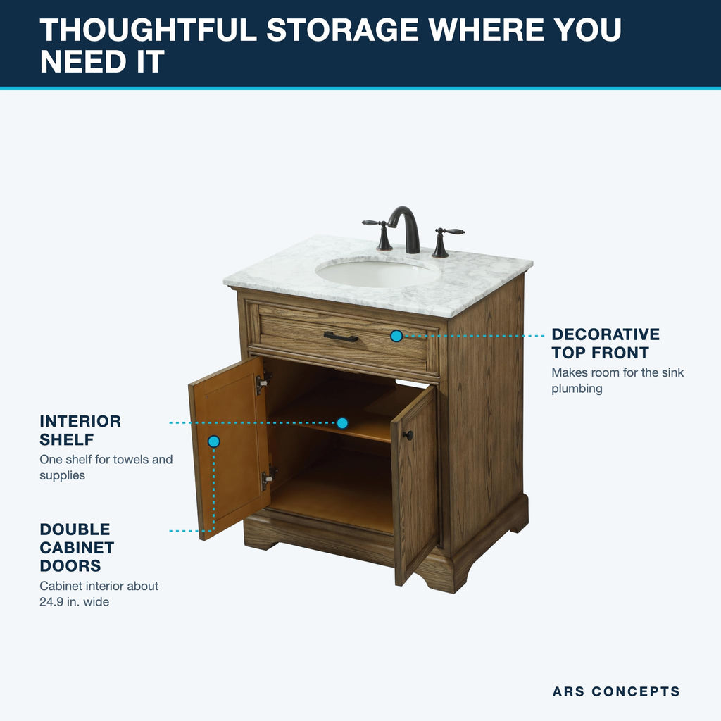 Comet 30" Pre-Assembled Bathroom Vanity with Sink, Solid Birch and MDF, Carrara White Marble Countertop Included