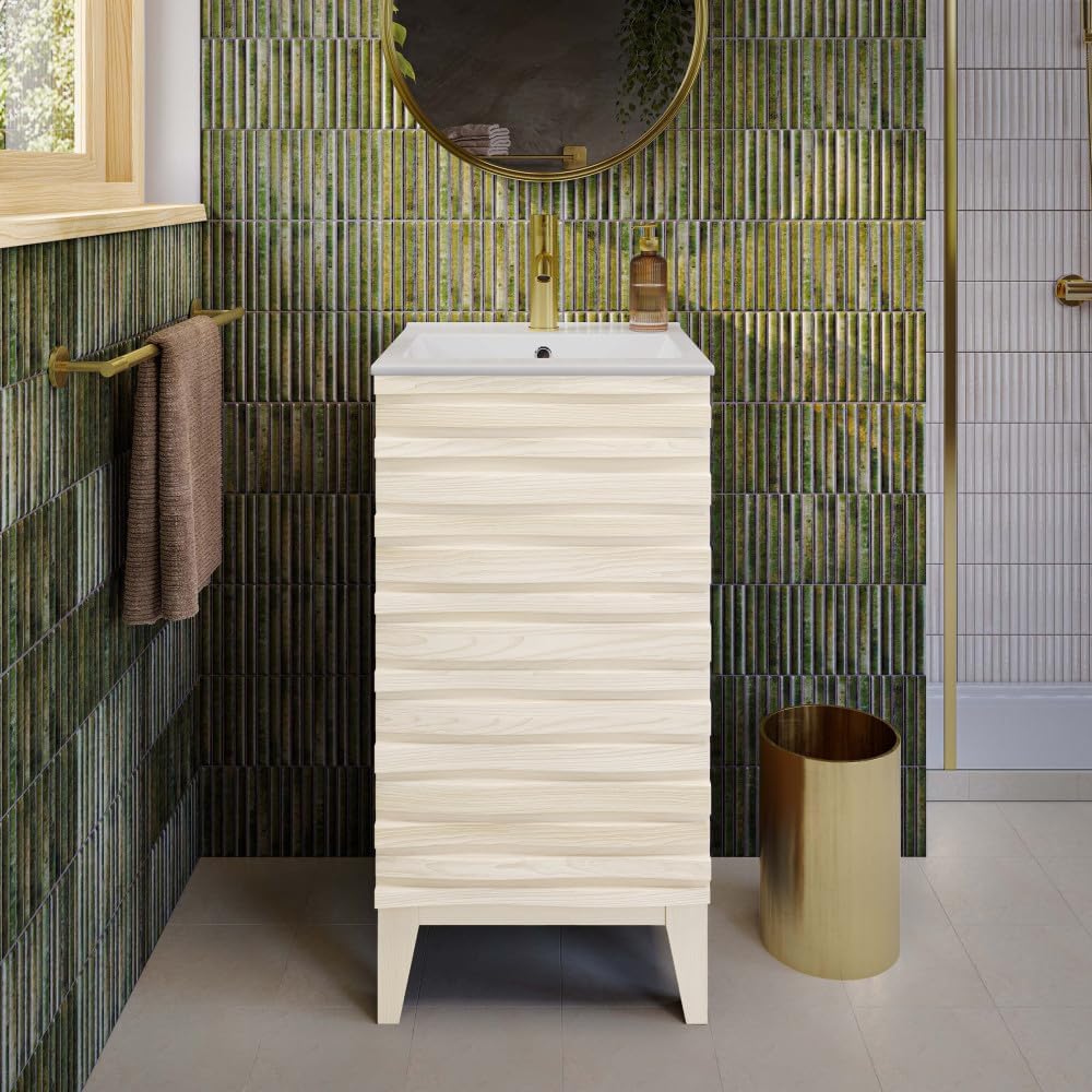 18-Inch Freestanding Bathroom Vanity with Sink Top – White Oak Finish, Compact Storage Cabinet