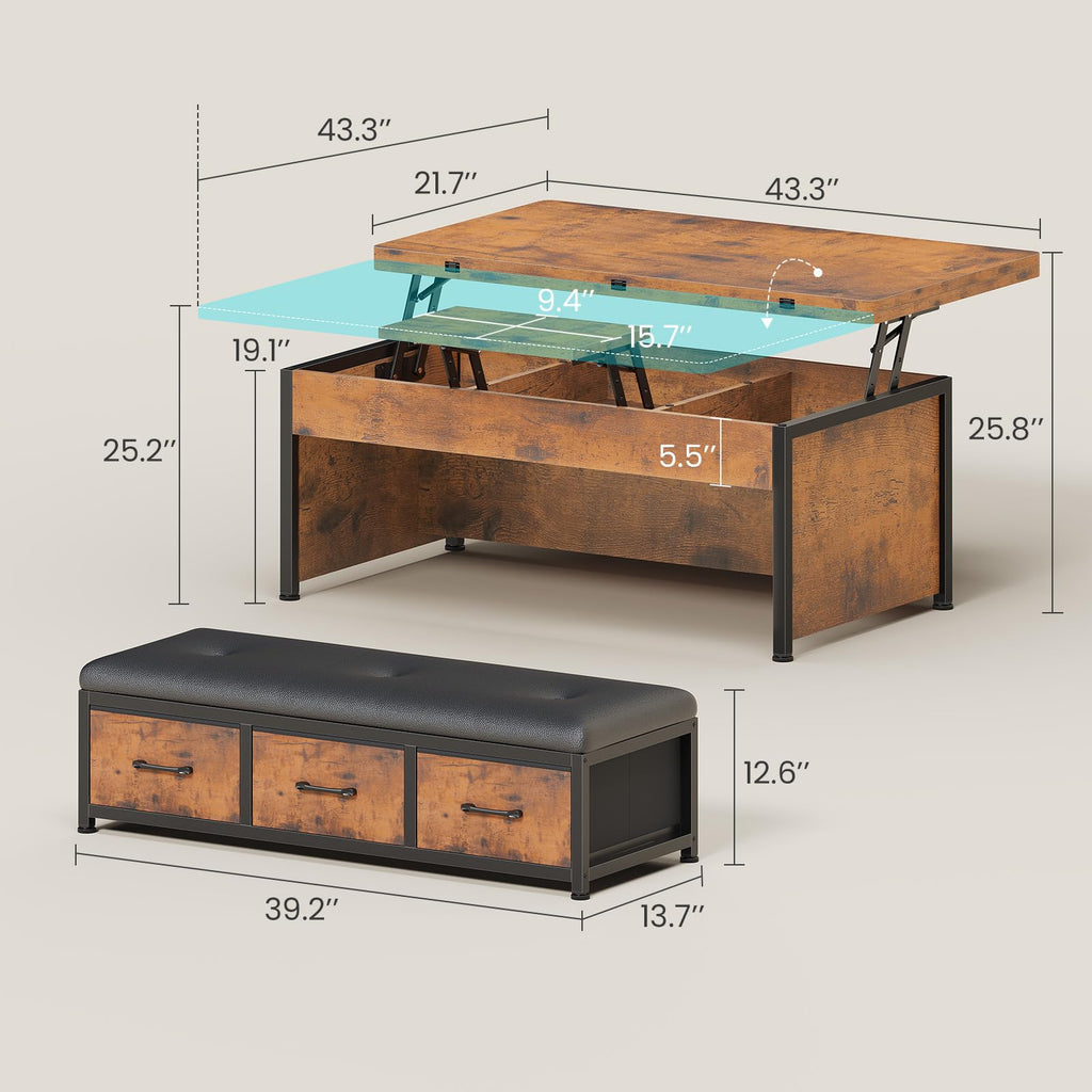 Lift Top Coffee Table Set, 43'' Multi-Function Coffee Table with Storage Drawers and Hidden Compartment, Center Table