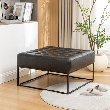 Modern Genuine Leather Square Coffee Table, 30'' Farmhouse Ottoman, Large Vintage Genuine Leather Coffee Tables with