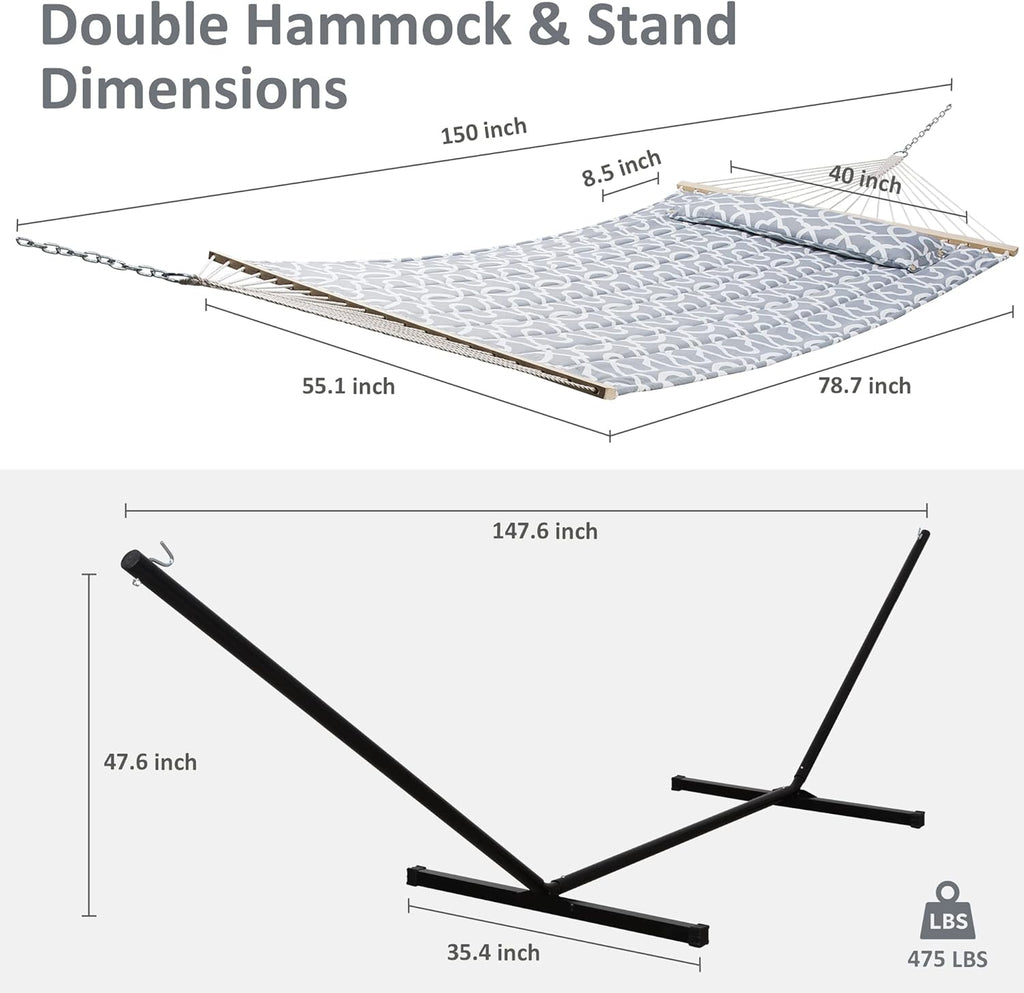 Extra Large Double Hammock with Stand, 475lbs Capacity, Grey | Outdoor Portable Hammock with Hardwood Spreader Bar