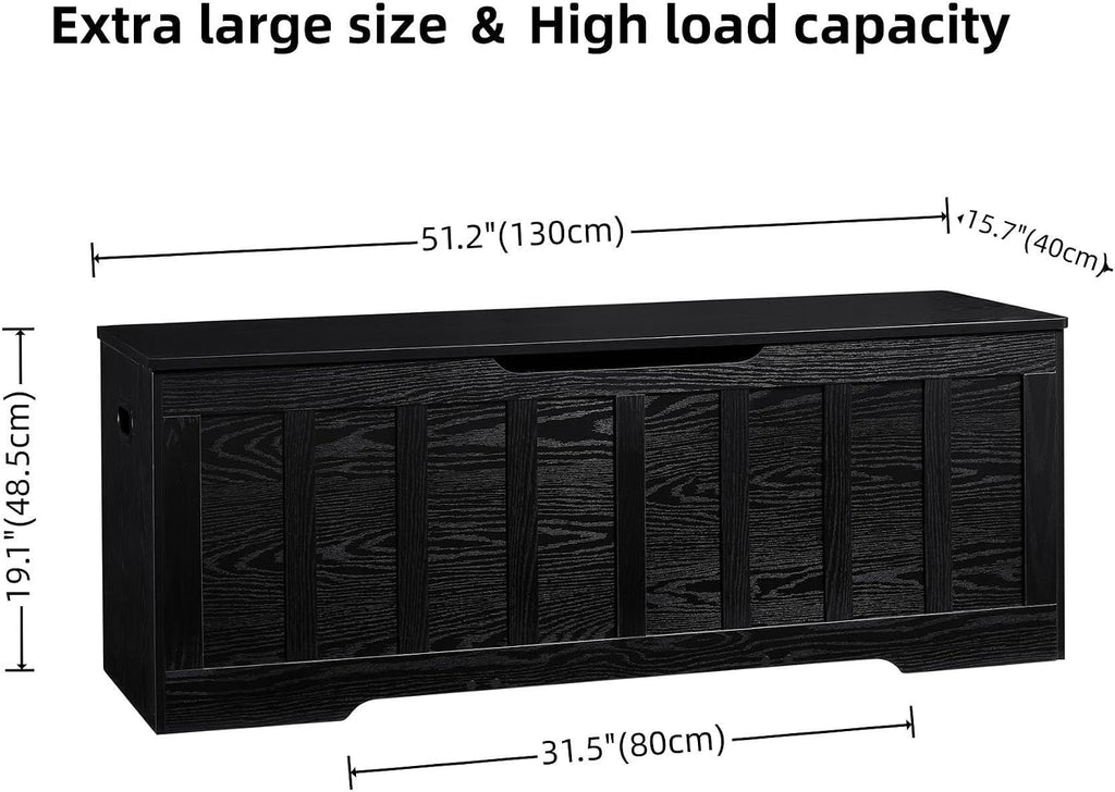 51.2" Storage Chest Extra Large,Wooden Storage Bench,Black | Chest with 2 Safety Hinges, 51.2*15.7*19.1inches, Wooden