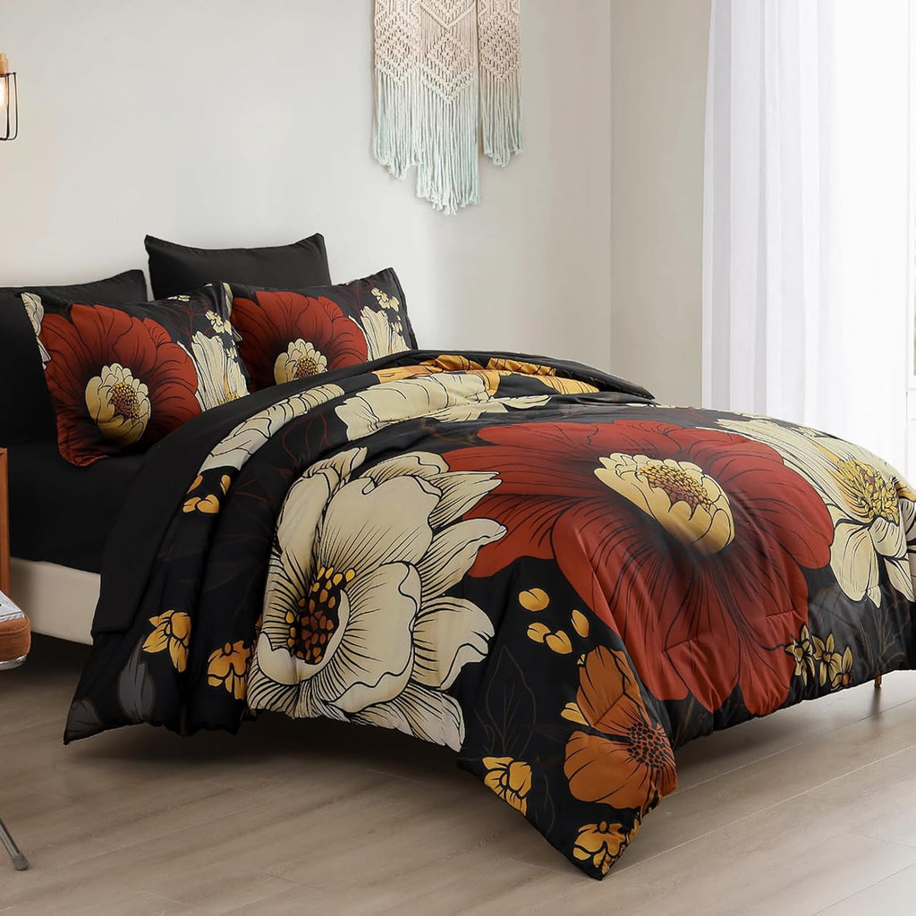 Black Floral Comforter Set 7 Pieces Bed in a Bag Flower Bedding Sets Lightweight Boho Bed Set