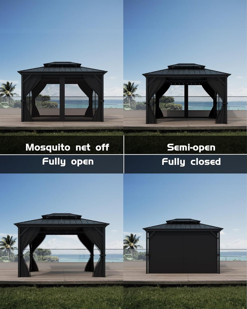 Hardtop Gazebo 12'x14' for All Weather, with Double Metal Roof, Aluminum Alloy Frame, Net, and Curtain