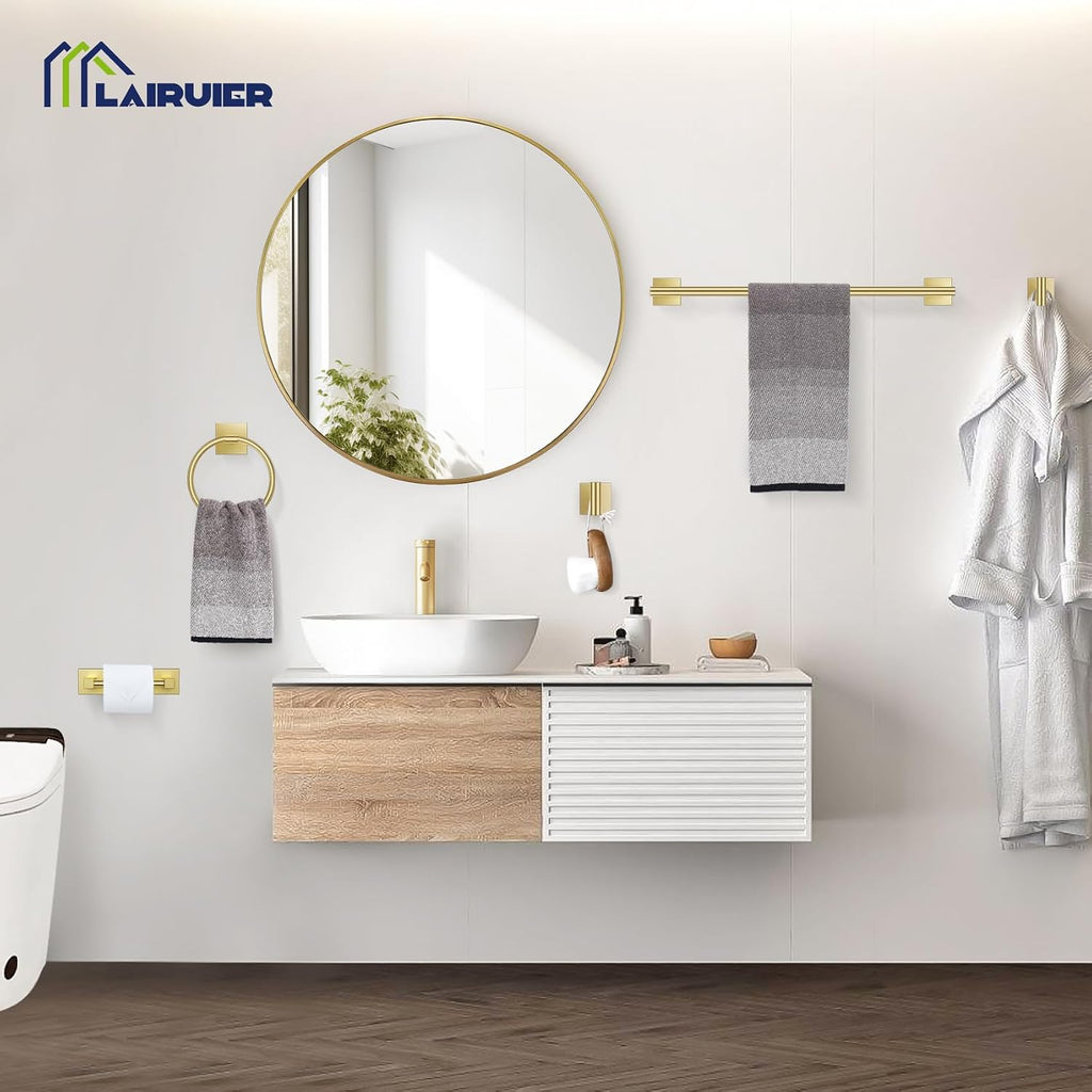 Brushed Gold Bathroom Accessories, Towel Bar Set Wall Mounted | 5 Pieces Bathroom Hardware Set, SUS304 Stainless