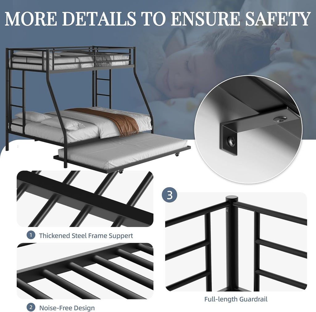 Bunk Bed Twin Over Full with Trundle, Heavy-Duty Twin&Full Frame with Full-Length Guardrail and Two Ladders