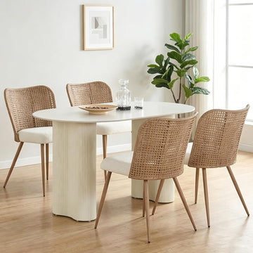 Rattan Dining Chairs Set of 4,Modern Upholstered Kitchen Room Chairs,Accent Dining Chairs with Full PE Cane Back and