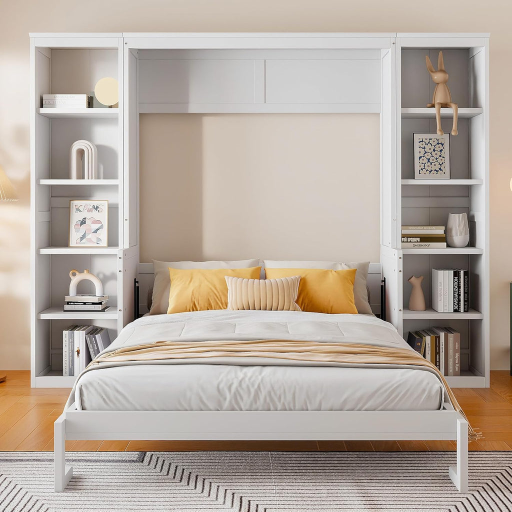 Queen Murphy Bed with Desk and Storage Shelves,Pine Wood Vertical Murphy Wall Bed Cabinet with Storage Bookcase