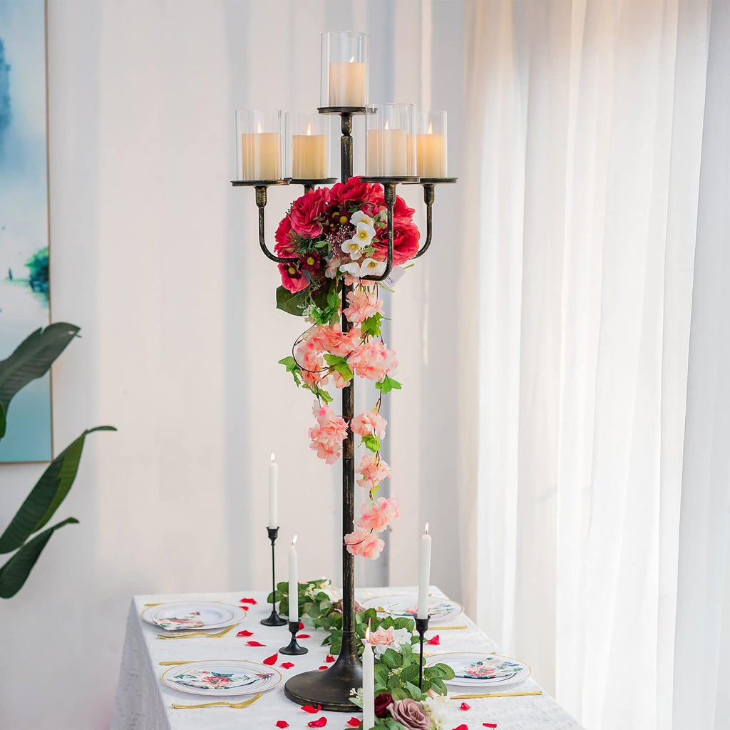 Black Floor Candelabra Centerpiece 5-arm 48inch Tall Candle Holders for Candlesitcks Taper Pillar Candles Metal