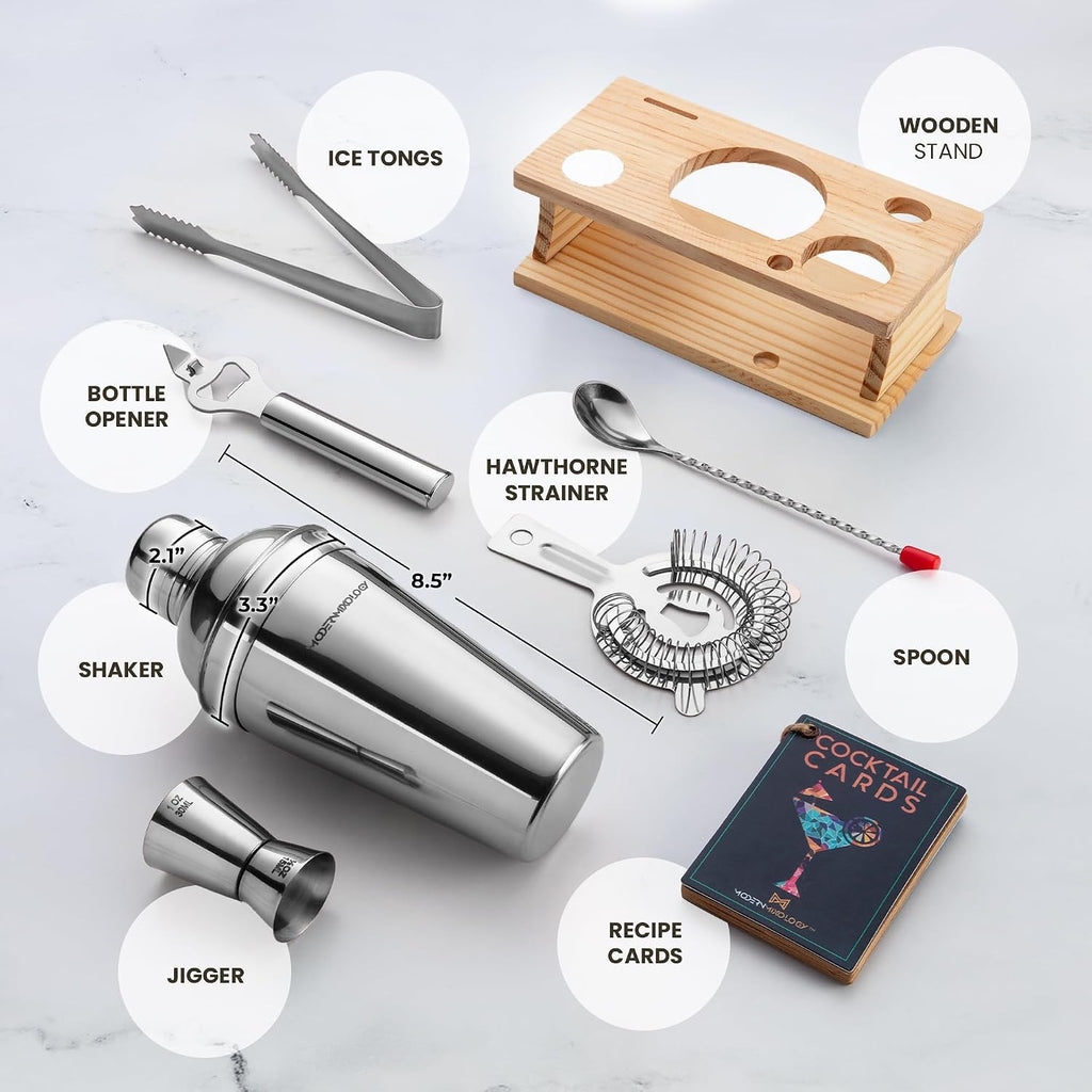 Cocktail Shaker Set - Bartender Kit with Pine Stand | Leak-Proof Design | Includes Martini Shaker, Jigger, Strainer