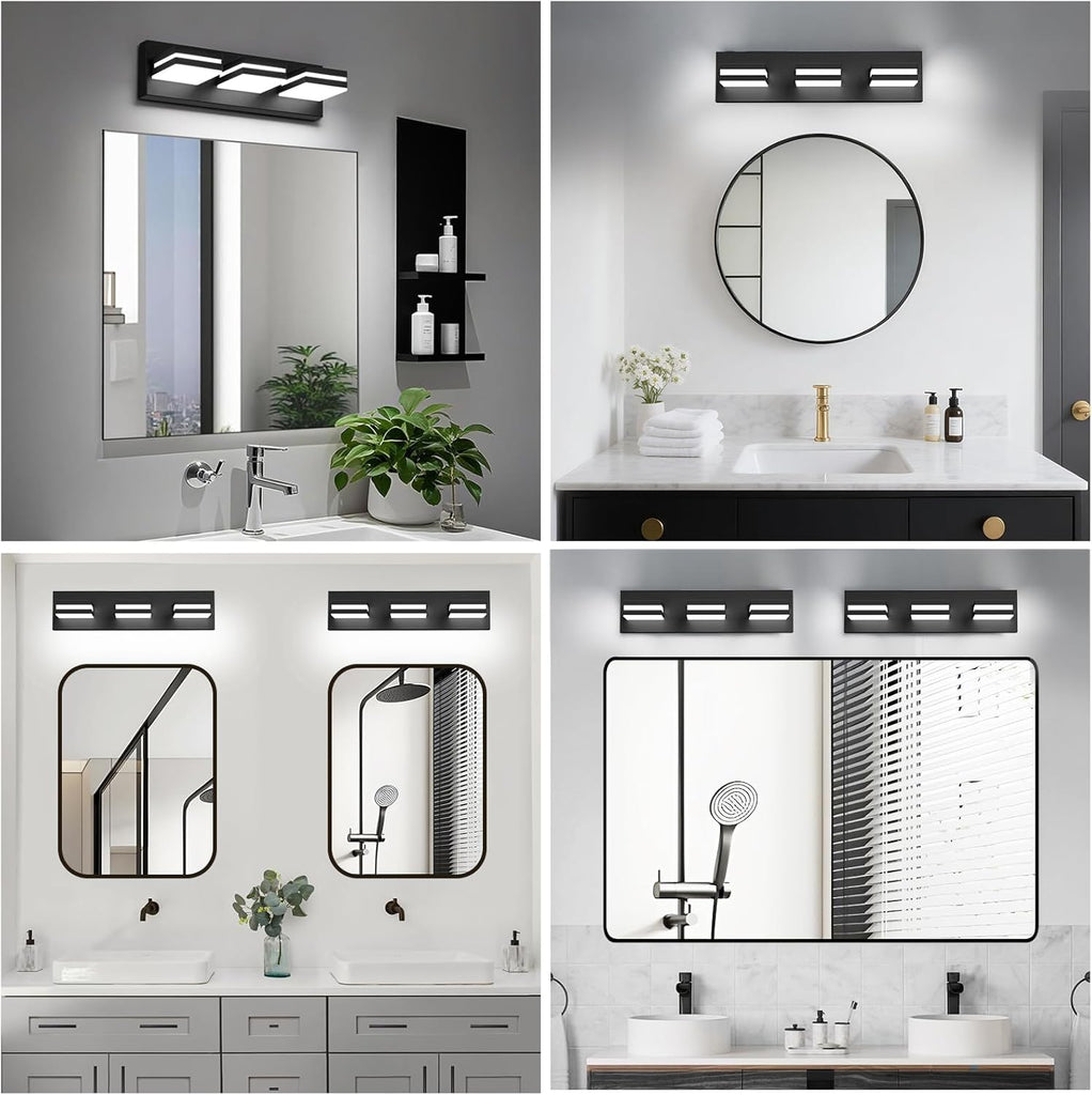 LED Modern Bathroom Lights Fixtures(3-Light,Dimmable,360°Rotate),Matte Black Acrylic Wall Lighting,Vanity Lights Over