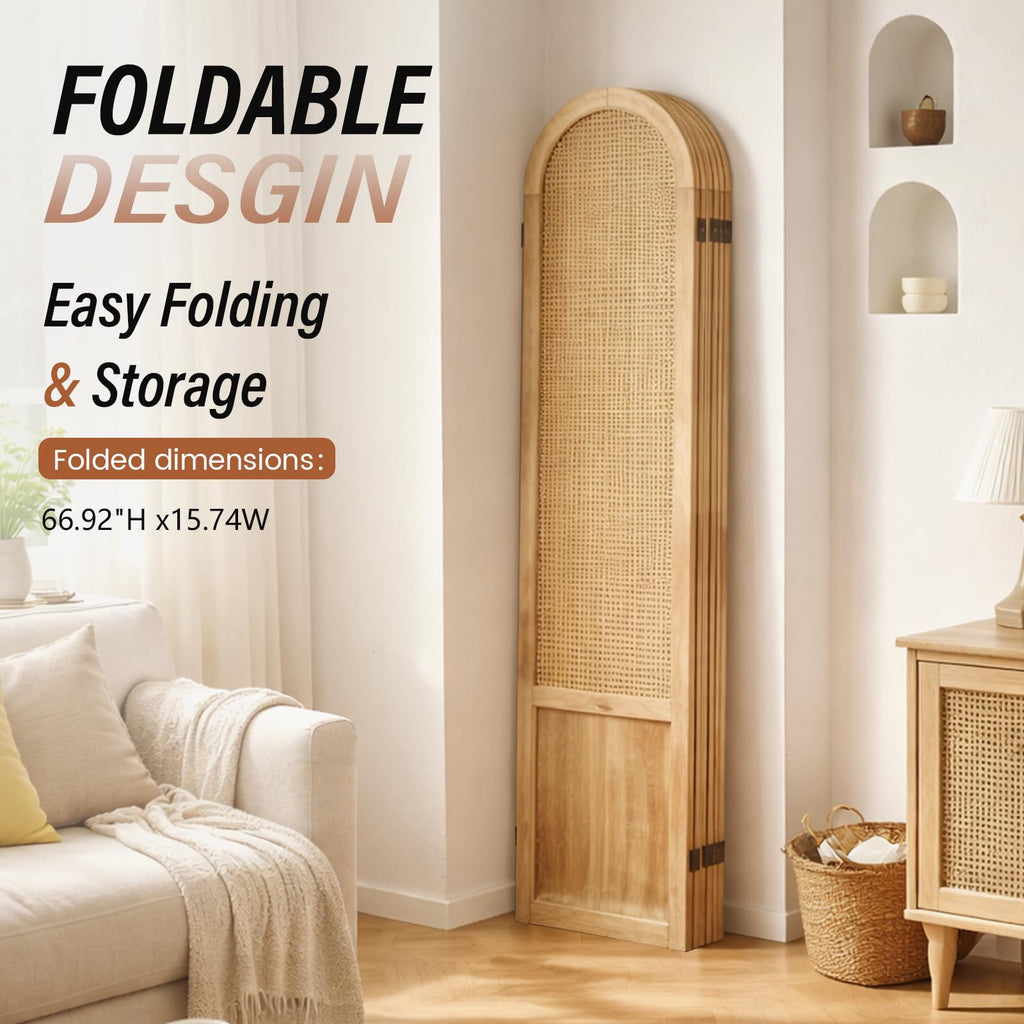 6 Panel Rattan Room Divider Screen, Boho Folding Privacy Screen