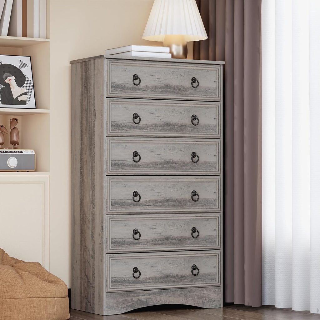 6 Drawer Dresser Tall, 52" Tall Grey Dresser , Chest of Drawers, Large Storage Organizer for Clothes, Grey Vintage