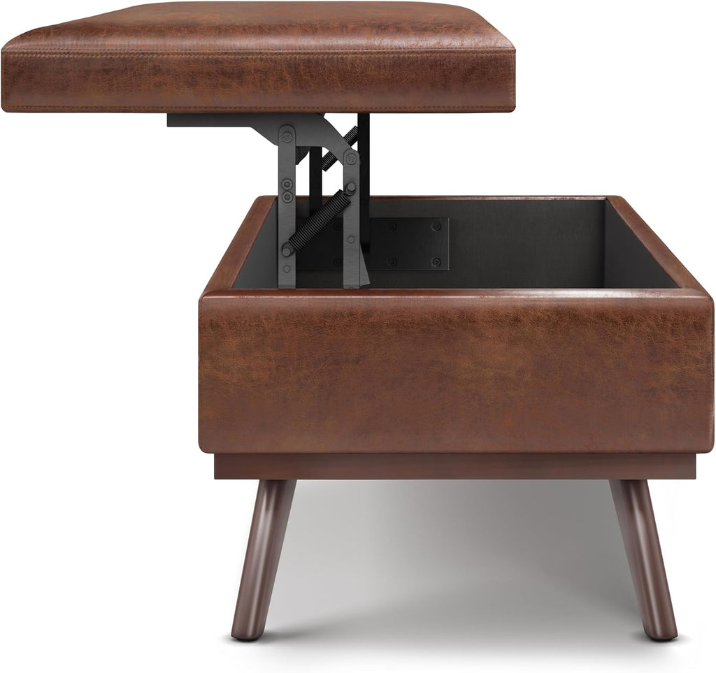 Owen 42" Wide Vegan Leather Lift Top Ottoman in Saddle Brown | Distressed saddle brown, mid-century modern lift-top