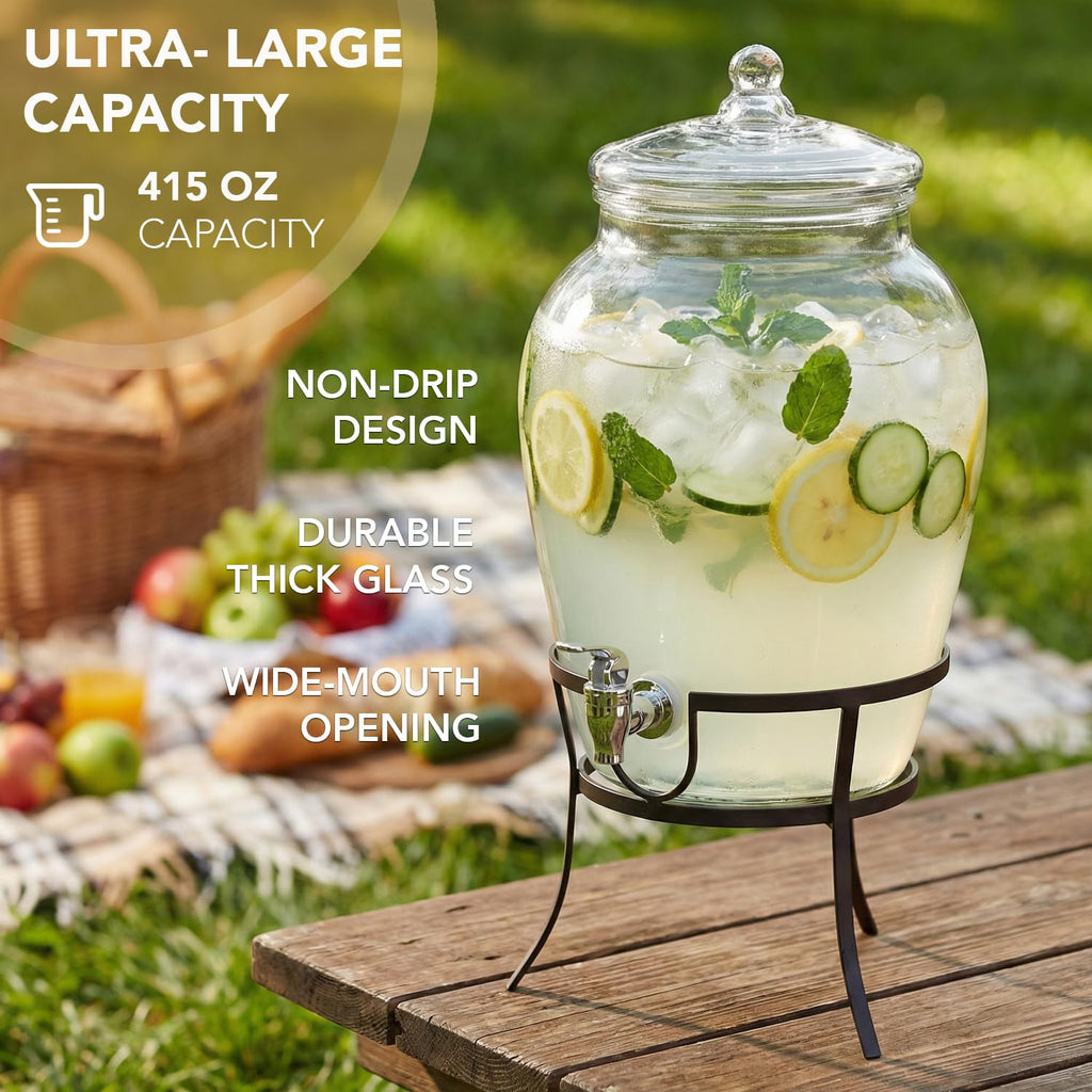 Glass Beverage Drink Dispenser with Metal Rack Stand, 2.64 Gal