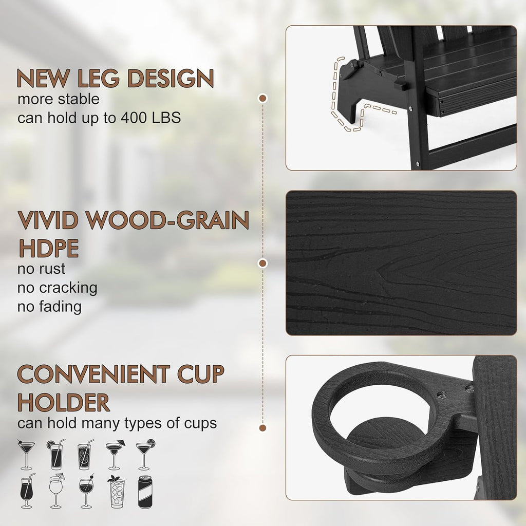 Folding HDPE Adirondack Chair 2-Pack, Gun-Leg Frame with Cupholder | All Weather Waterproof Heat Resistant, Wood