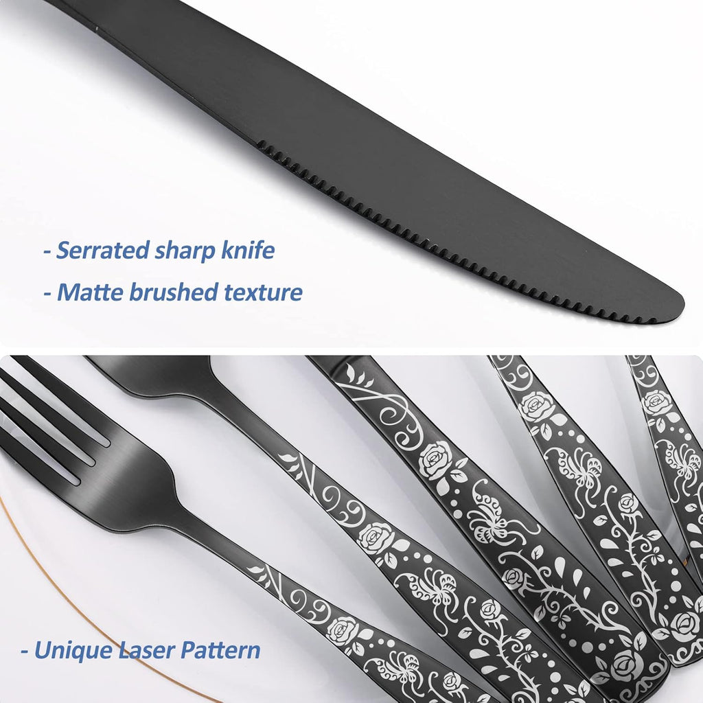 Matte Black Rose Flower Pattern Silverware Set for 8, 40-Piece Flatware set