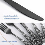 Matte Black Rose Flower Pattern Silverware Set for 8, 40-Piece Flatware set