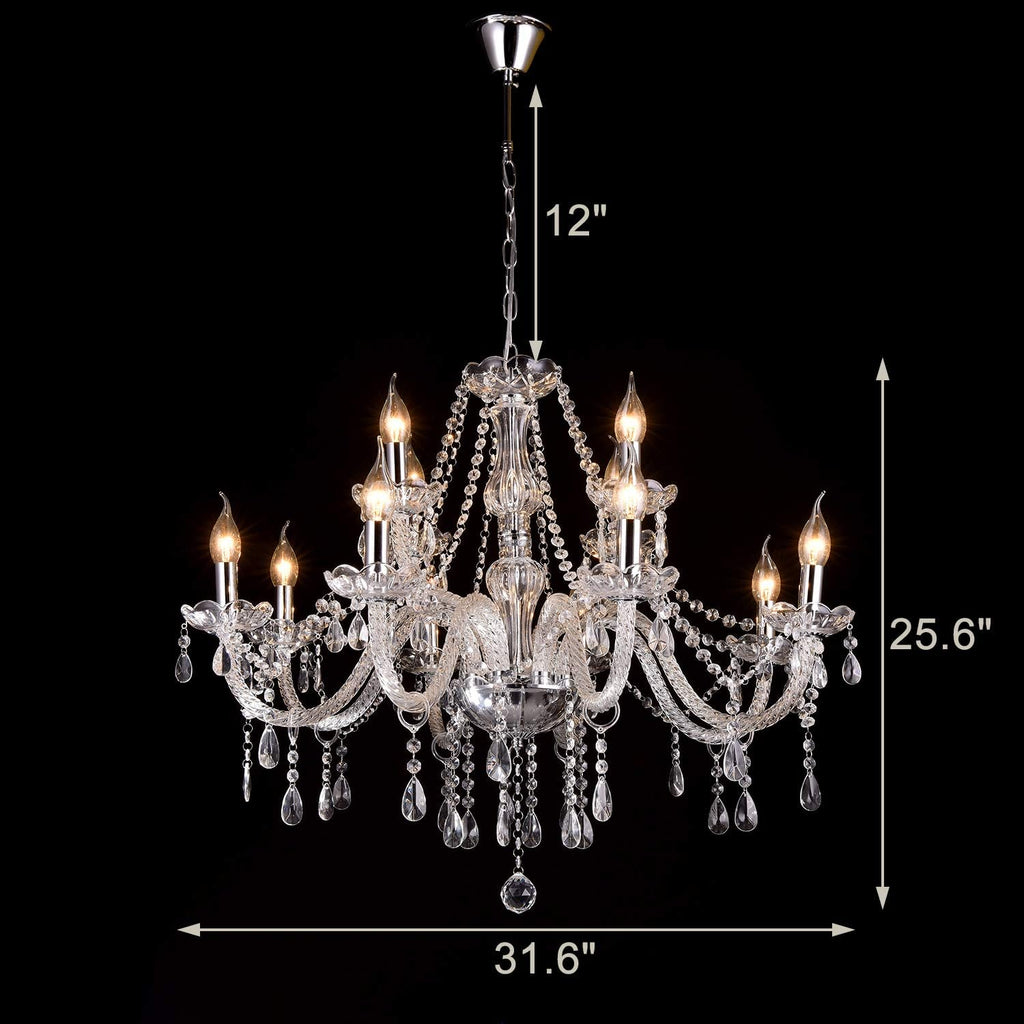 Modern Elegant 12 Lights K9 Crystal Glass Chandelier Pendant Ceiling Lighting European Style for Dining Living Room Bedroom Transparent,12 E12 Bulbs Required