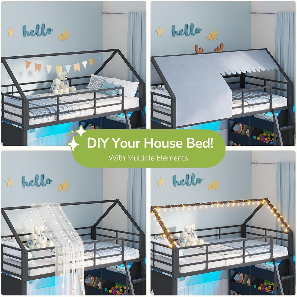 Low Bunk Bed Twin Over Twin with Toy Storage Organizer-6 Removable Bins, Floor Bunk Beds with LED Lights