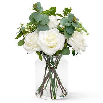 Artificial White Roses & Eucalyptus in Vase with Faux Water Decor