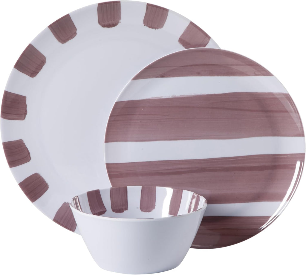 Cottage Stripes 12-Piece Melamine Plates and Bowls Dinnerware Set - Outdoor, Camping, & Everyday Use - Assorted Colors