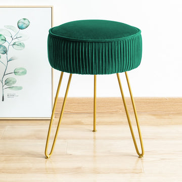 Pleated Vanity Stool, Velvet Upholstered for Makeup Room, Round Mondern Stool for Vanity, Ottoman Footrest with Metal