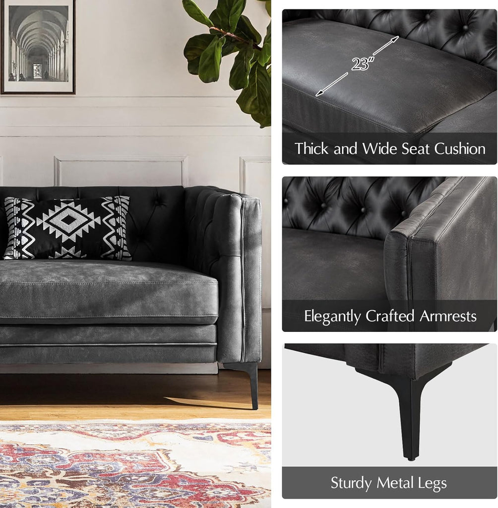 HOME 84" W Faux Leather Sofa Couch with Metal Legs, Button-Tufted 3-Seater Sofa