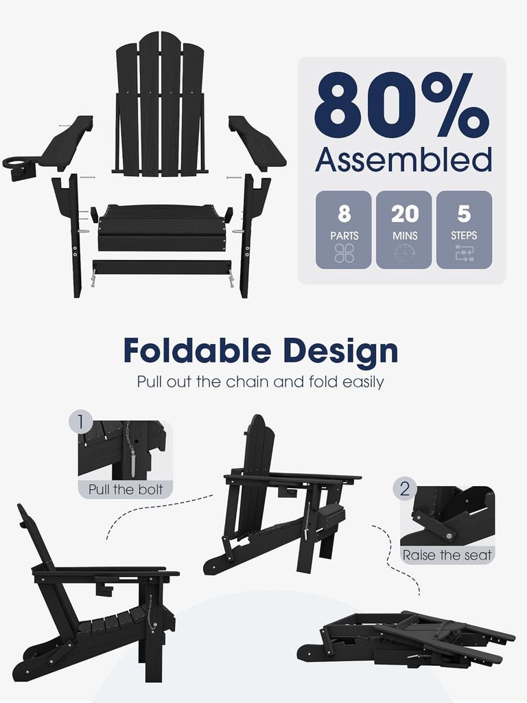 Adjustable Adirondack Chairs Set of 2, Folding Outdoor Chair, Black | | with Cup Holder | Reclining 3-Position