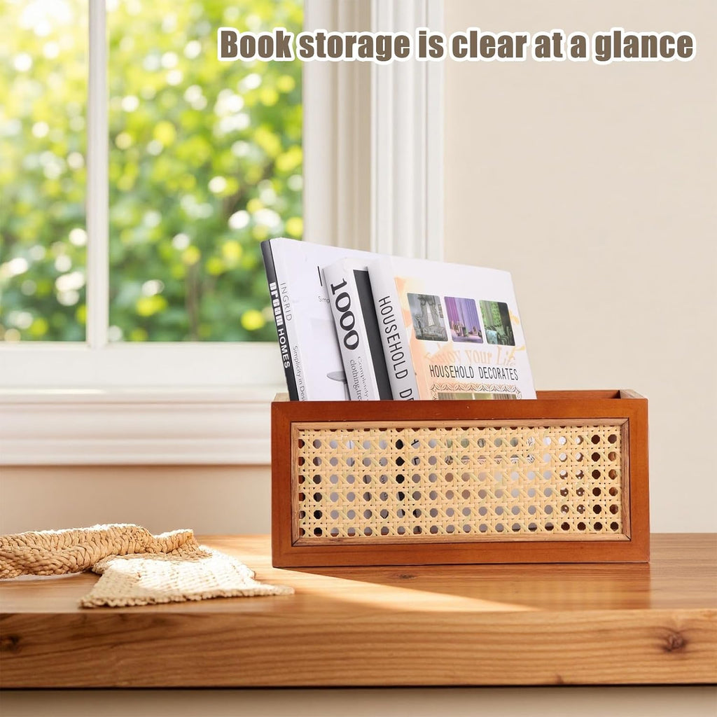 Rattan Storage Baskets Set, Wooden Frame with Woven Cane Design, Nesting Organizer Bins Bedroom Bathroom Kitchen