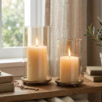 Hurricane Candle Holders Set of 2 - Pillar Candle Stands with Glass Sleeves for Fireplace Mantel & Dining Table