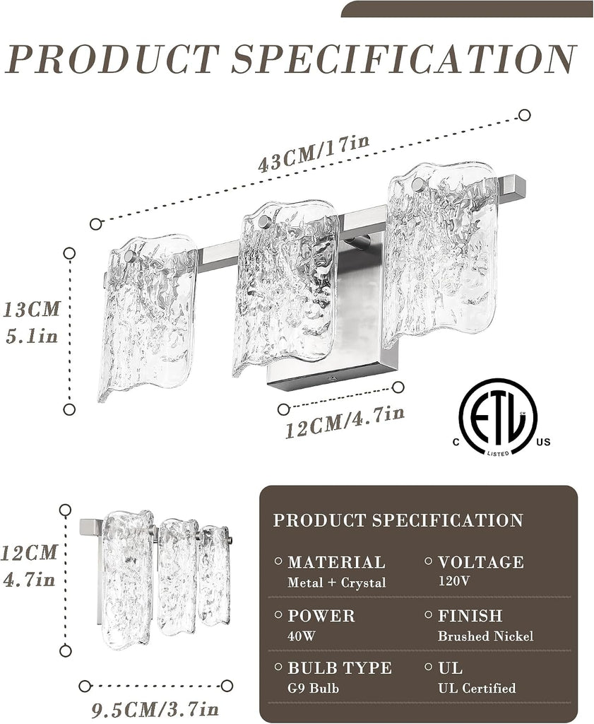 3-Light Bathroom Vanity Light, Brushed Nickel Bathroom Light Fixture Over Mirror with Clear Glass, Modern Bath Wall