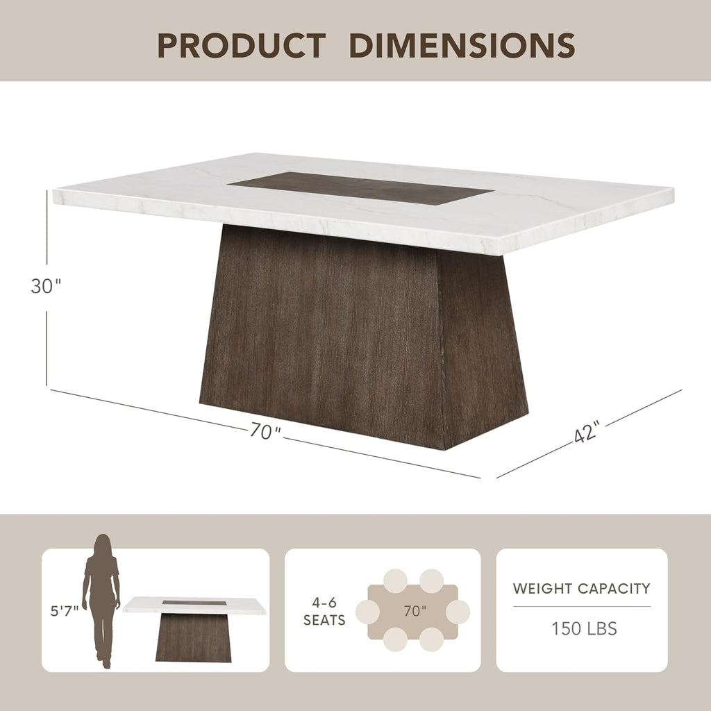 Rafferty Modern Solid Wood 70-inch Rectangle Dining Table with Genuine White Marble Tabletop and Tapered Pedestal