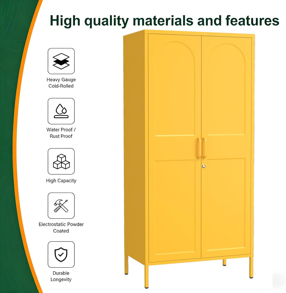 67 Inch Lockable Yellow Steel Wardrobe Storage Cabinet, Freestanding Metal Armoire Locker with Hanging Rod and