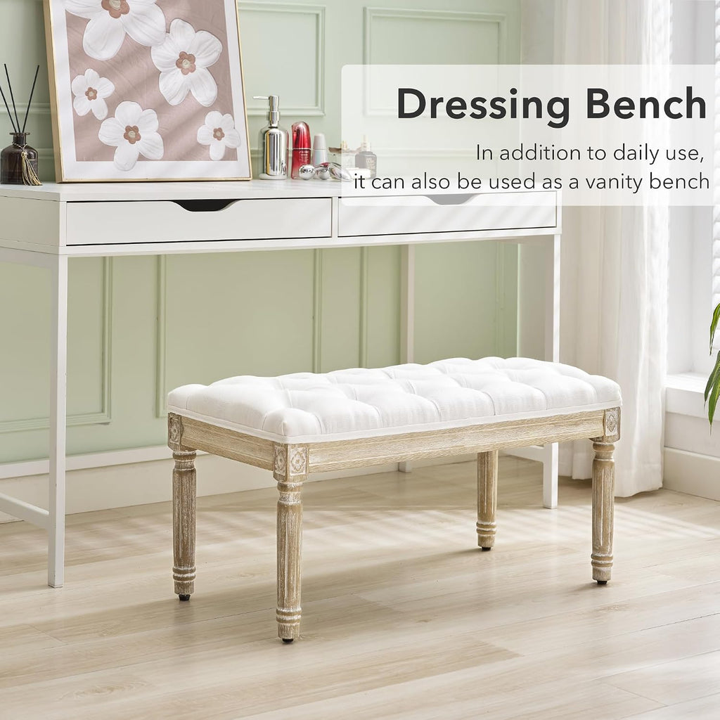 French Vintage Bench, Linen Fabric Entryway Bench, Upholstered Tufted End of Bed Bench with Brushed Wood Legs, White