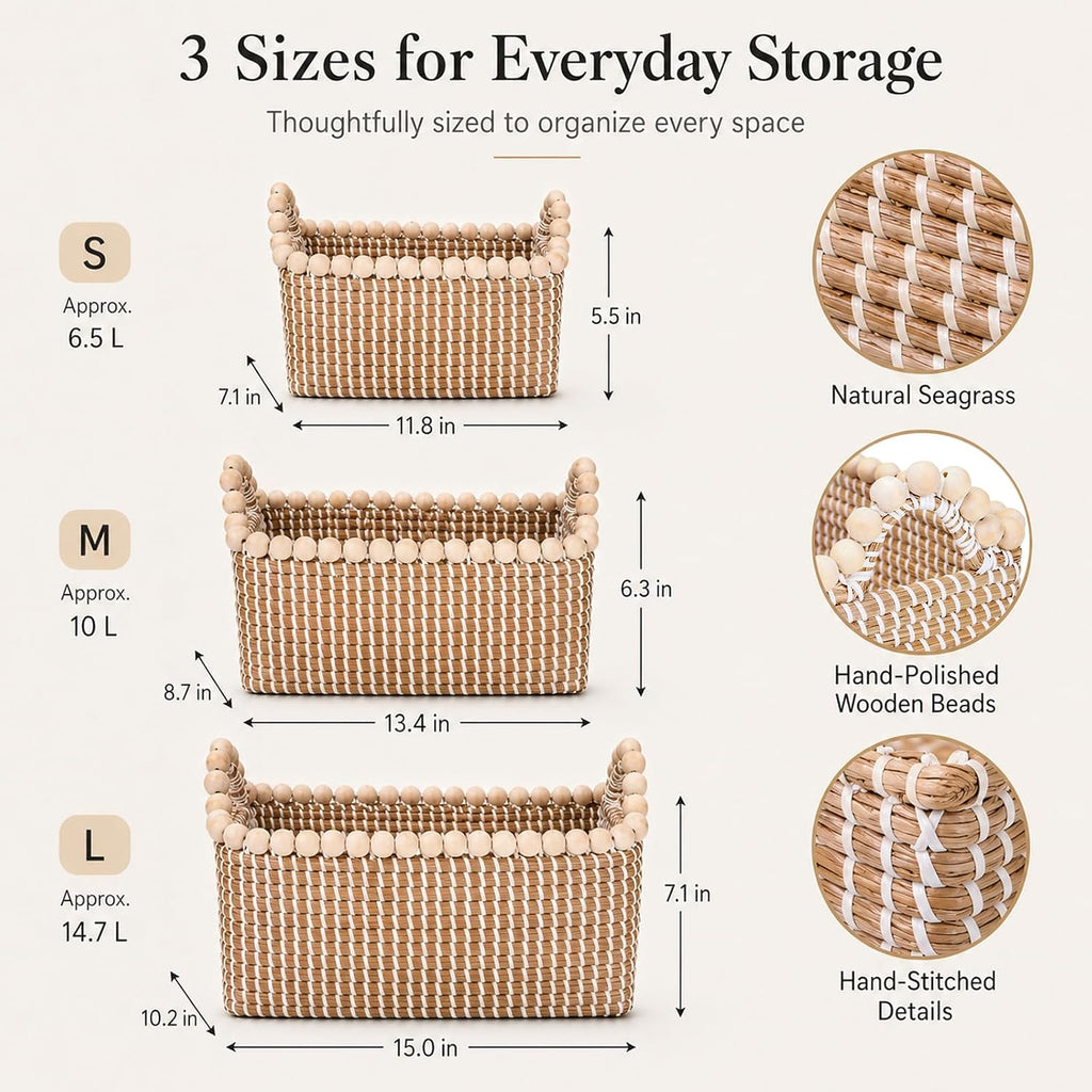 Handwoven Seagrass Shelf Baskets, Set of 3 Decorative Storage Bins with Bead-Accented Handles, Vietnamese Woven