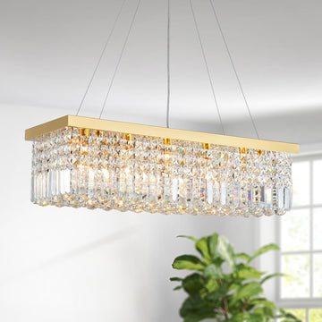 5-Lights K9 Crystal Chandelier for Dining Room, Rectangular Pendant Light Fixture for Kitchen Island, Raindrop Chandelier, H9 x W10 x L31, Chain Adjustable