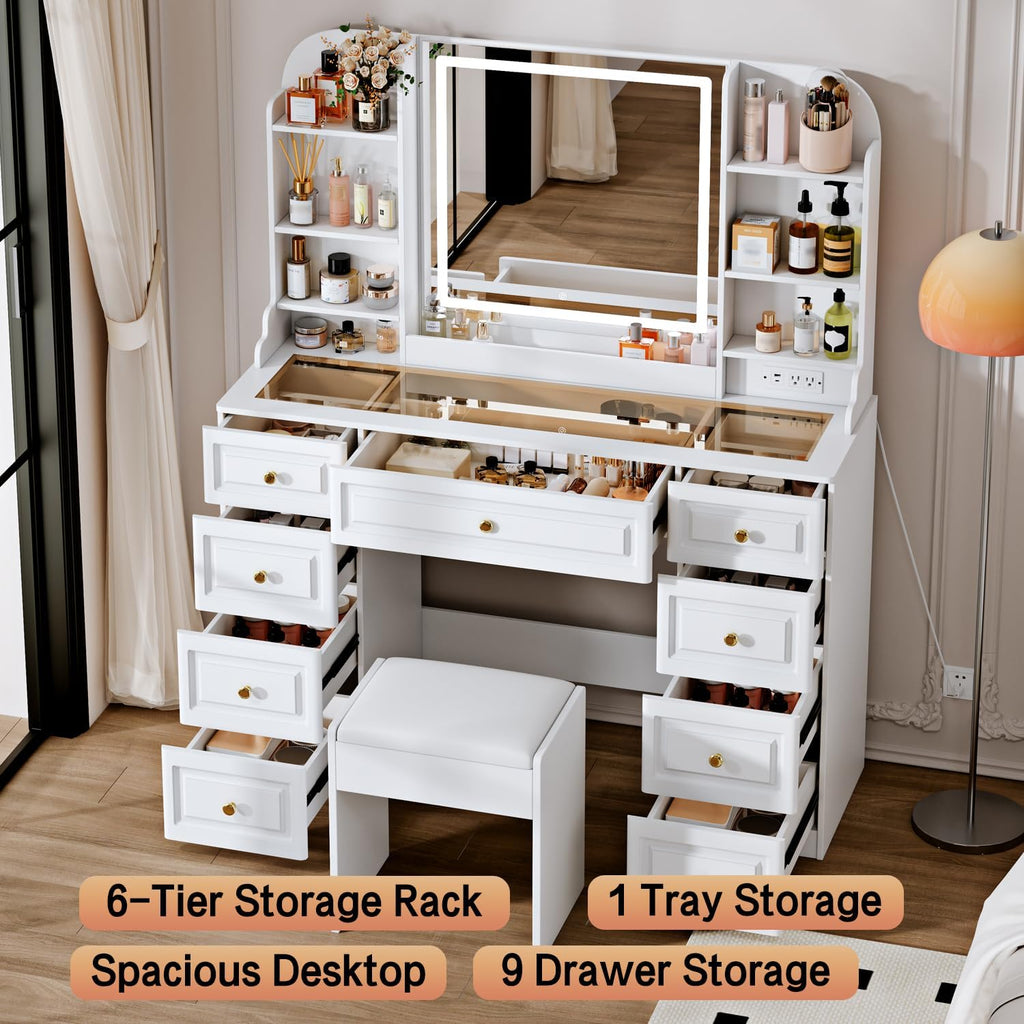 43" Makeup Vanity Desk with Mirror and Lights, & Power Outl, Glass Top Big Vanity Table with 9 Drawers& 8 Storage
