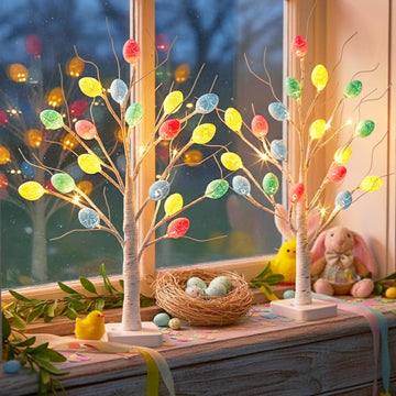 Easter Decorations, 2 Pack Lighted Easter Tree Battery Operated with Timer, 22 Inch LED Birch Tree with 36 Egg - Set of 2