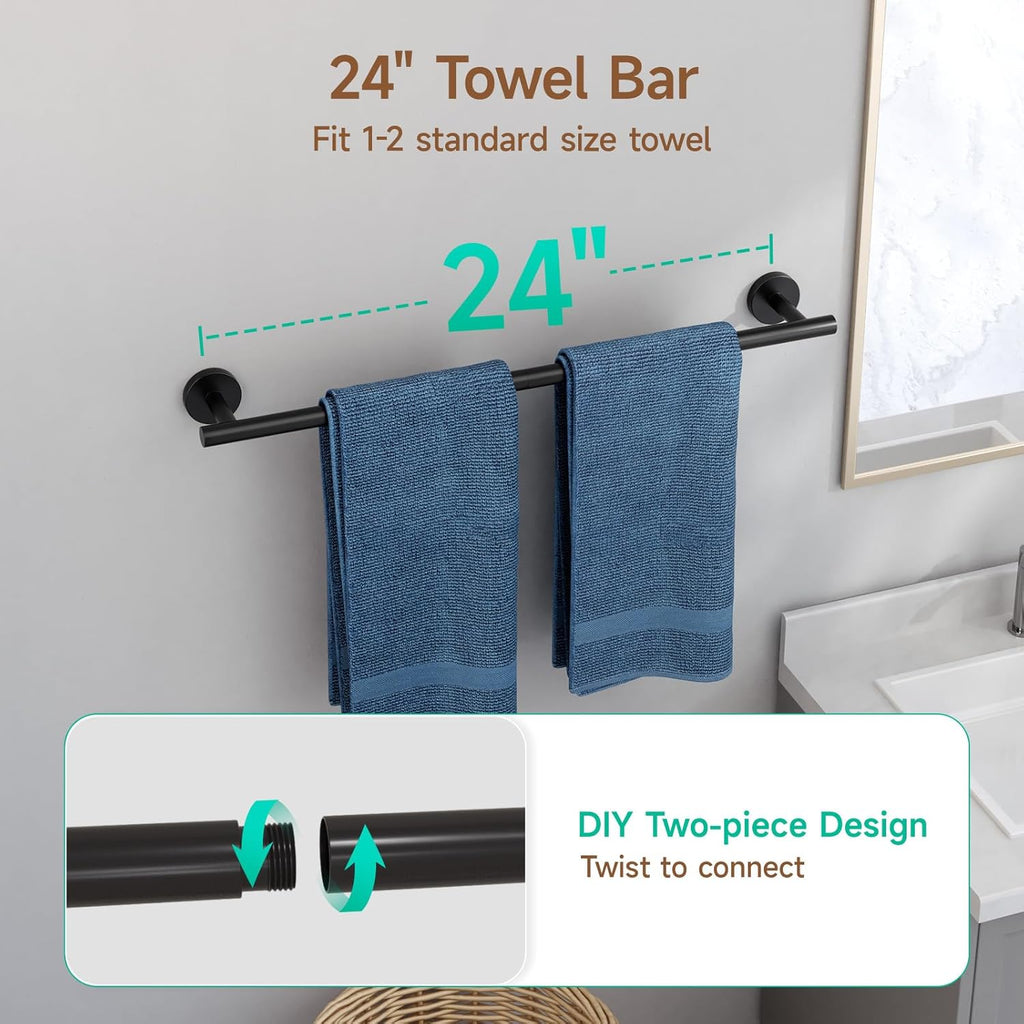 4PCS Matte Black Bathroom Accessories Set, 24-Inch Towel Bar Set | Durable SUS304 Stainless Steel Bathroom Hardware
