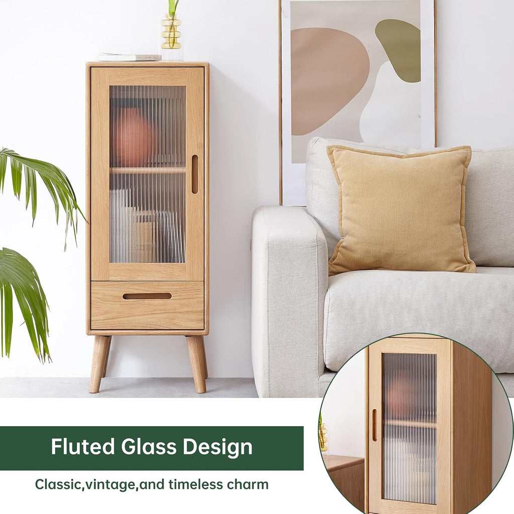 100% Solid Wood Small Storage Cabinet, Pantry Cabinets Storage with Shelves and Drawer, Accent Cabinet with Glass