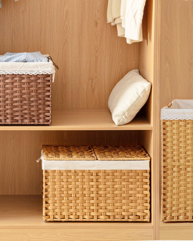 Storage Basket with Lid Rattan Woven Storage Baskets with 2 Separate Lids, 17.2 Gallon (65 L), 22 x 13 x 13.8