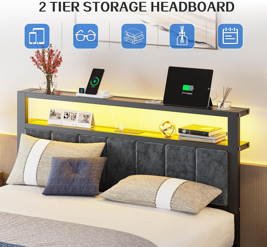 Full Platform Bed Frame with LED Lights, Charging Station, Grey Upholstered Headboard with 2-Tier Storage Shelves
