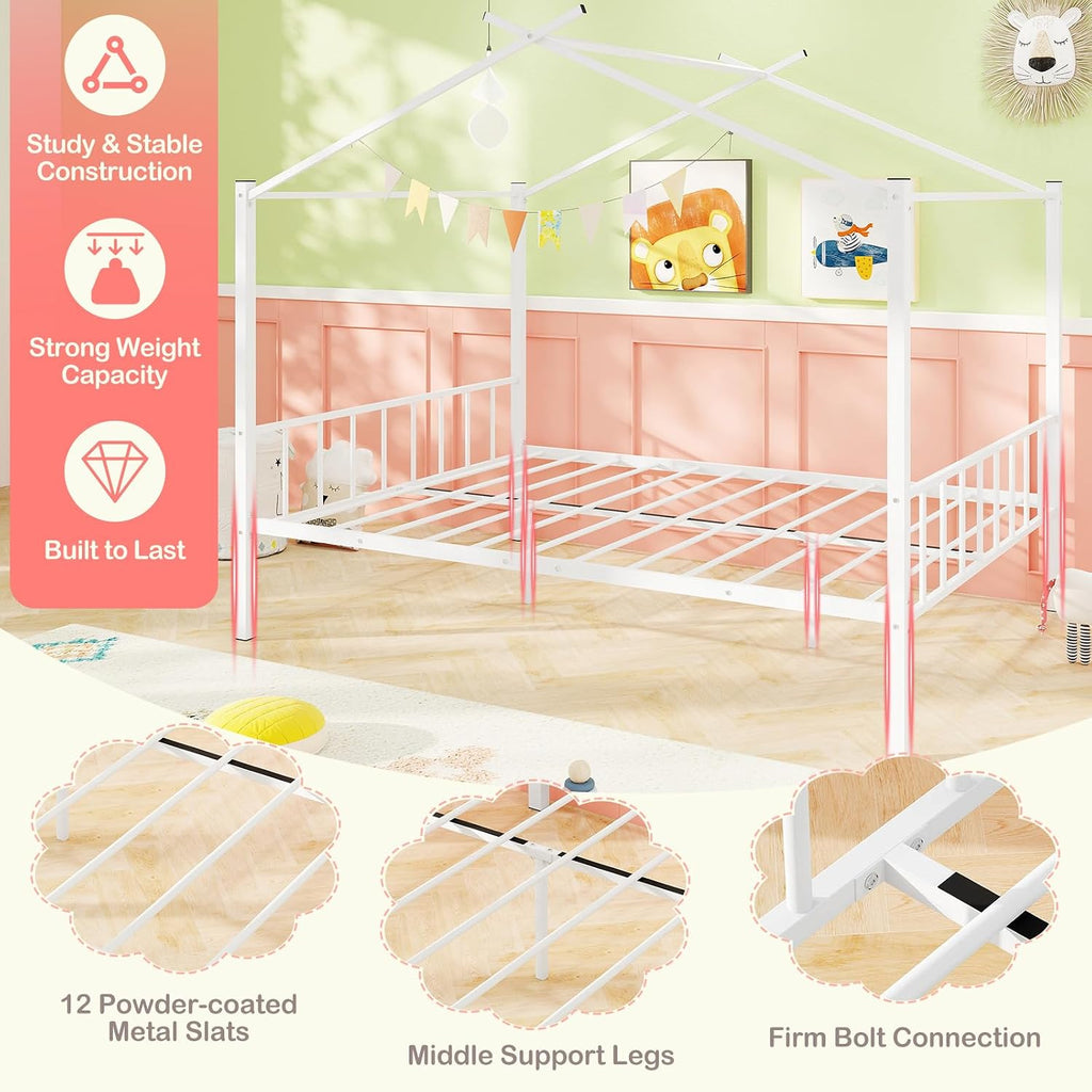 Full Size House Bed with 2 Storage Drawers, Metal Montessori Bed Frame with Headboard & Footboard, Full House Beds