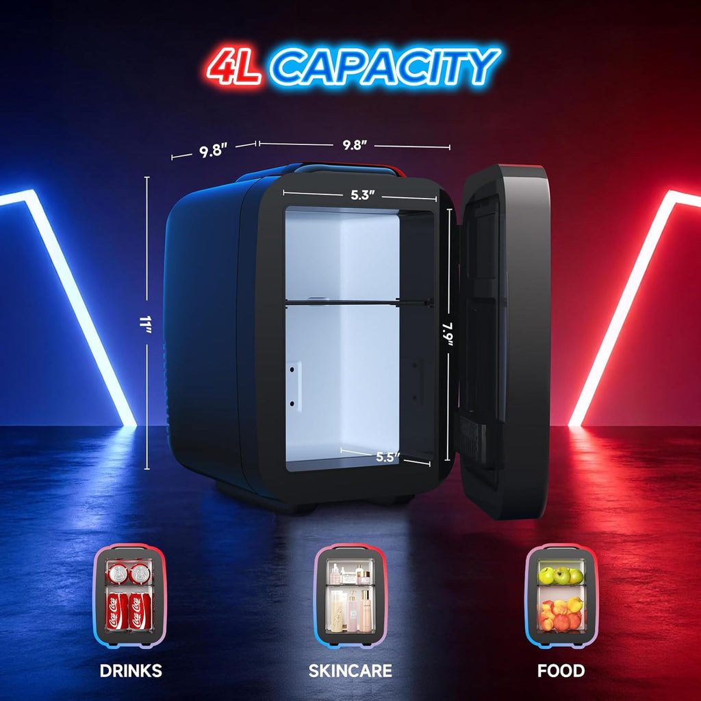 Mini Fridge, 4L/6 Can Small fridge with Dimmable Gaming Light for Bedroom,Office,Gaming room and Car,AC/DC Portable