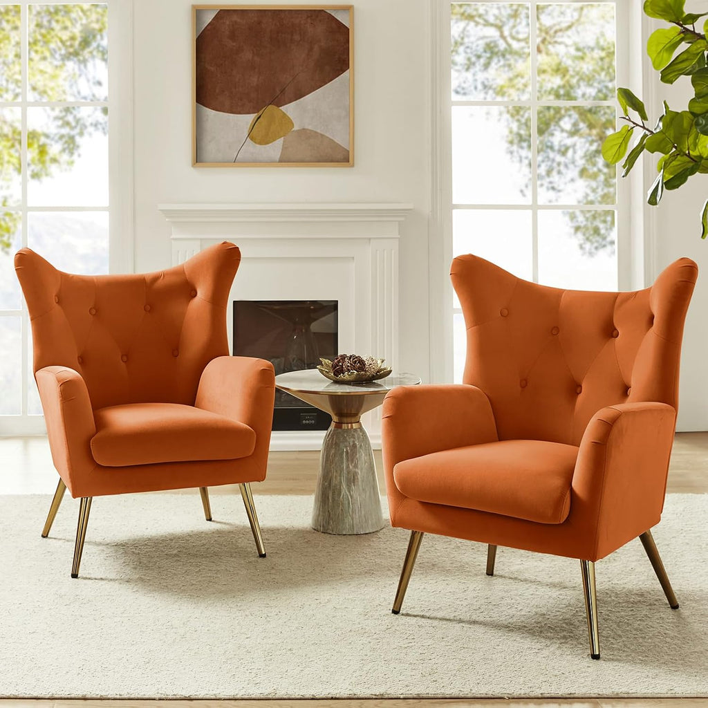 Velvet Tufted Accent Chair, Modern Wingback Arm Chair, Orange | Metal Gold Legs, Wood Frame, Velvet Tufted