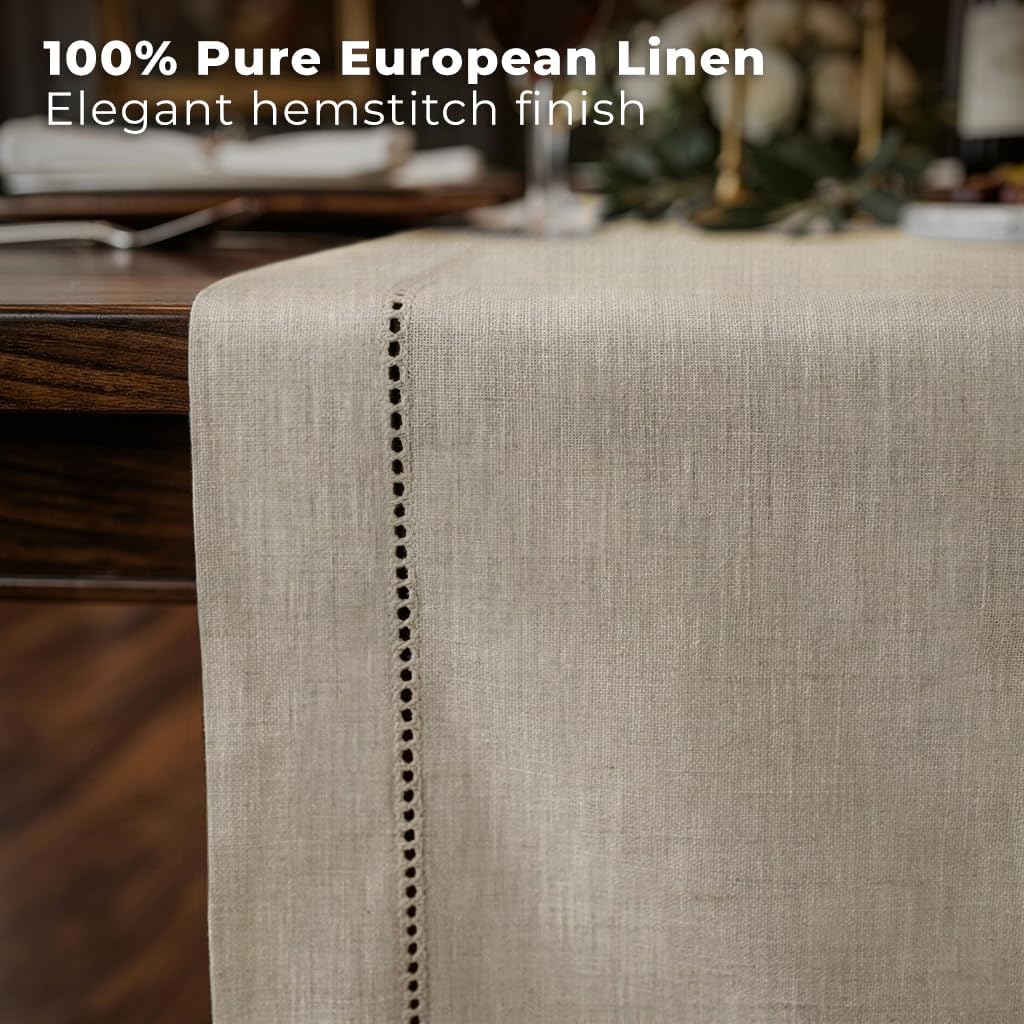 Signature LinenTM by D'Moksha, Natural Table Runner 108 Inches Long, 100% Pure Linen, Hemstitch, 14 x 108 Inch Table