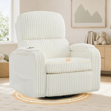 Power Nursery Recliner,26''Swivel Rocker Recliner,Adjustable Headrest,White | Extra Wide Recliner, Oversized