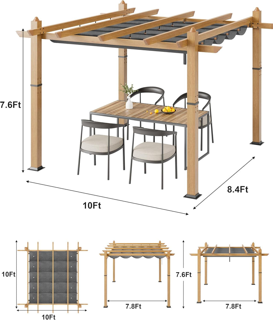 10x10 ft Outdoor Pergola with Retractable Canopy Upgraded Outdoor Aluminium Pergola